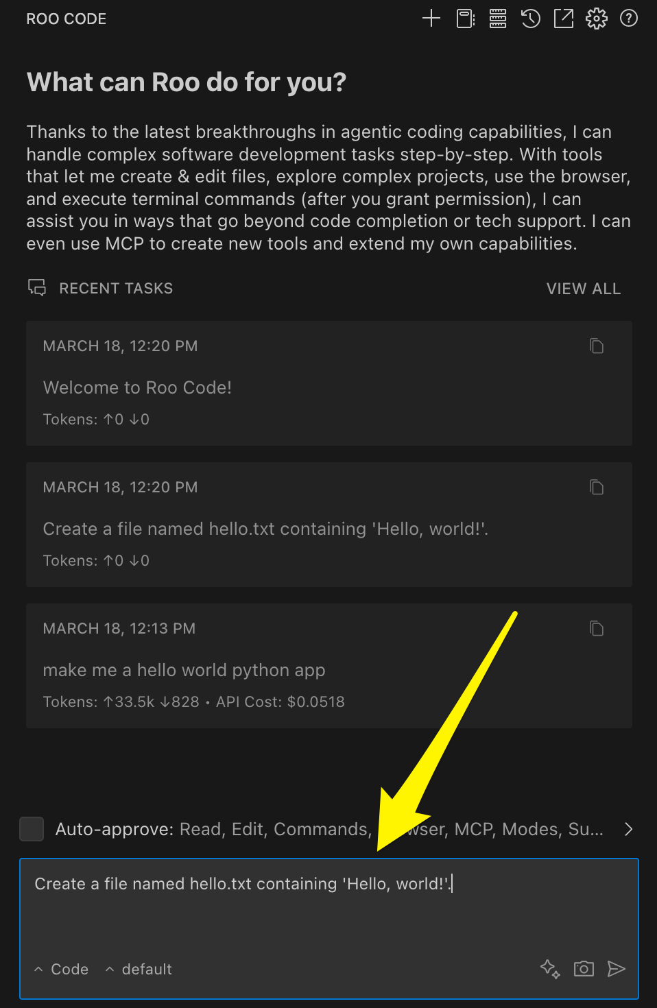 在 Roo Code 聊天界面中输入任务